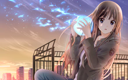HD desktop wallpaper featuring Mio Akiyama from the anime K-ON! sitting on a rooftop at sunset, holding a glowing object, with a cityscape background and blue energy streaks in the sky.