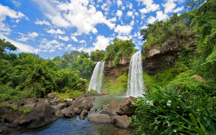 Lush green forest surrounds the majestic Iguazu Falls, cascading water framed by vibrant flora under a bright blue sky, creating a stunning natural backdrop for any desktop.