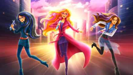 HD PC desktop wallpaper featuring three dynamic female spies from the movie Barbie: Spy Squad against a glowing cityscape at sunset.