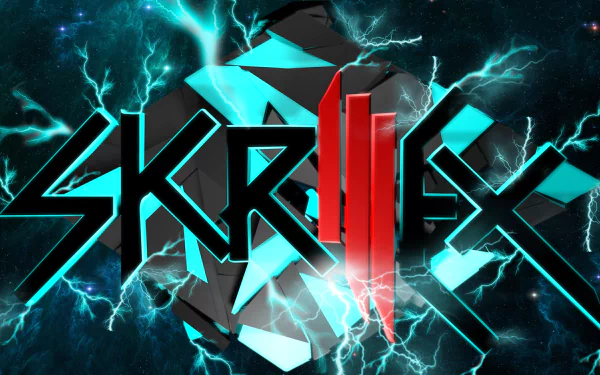 A dynamic HD desktop wallpaper featuring the bold name Skrillex, surrounded by electrifying blue and black designs, capturing the essence of electronic music.