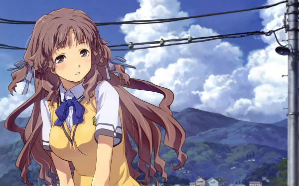 Anime HD desktop wallpaper featuring Mio Kitahara from Waiting in the Summer with flowing hair against a backdrop of mountains and a cloudy sky.