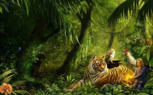 Artístico Fantasía Jungla Bosque Rainforest León Little Girl Niño Árbol Búho Ave Tigre Fondo de pantalla HD | Fondo de Escritorio