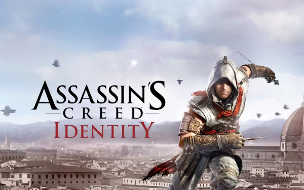 HD PC desktop wallpaper featuring a dynamic scene from the video game Assassin's Creed Identity, showcasing the iconic hooded assassin in action above a cityscape.