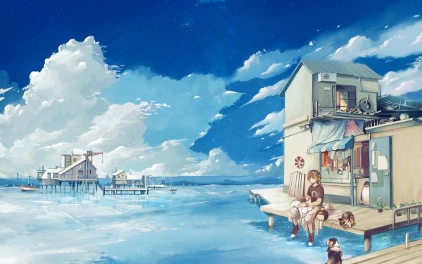 Anime Original House Sea Dog Cat People Sky HD Wallpaper | Background Image