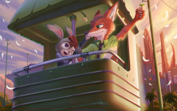 Nick Wilde and Judy Hopps from the movie Zootopia share a joyful moment on a cable car at sunset in this vibrant HD desktop wallpaper.