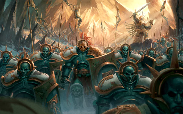 HD PC wallpaper featuring a Stormcast Eternals army in detailed armor and shields, inspired by Warhammer video game aesthetics, advancing through a fiery battlefield.