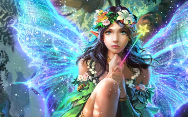 wreath blue eyes wings wand fantasy fairy HD Desktop Wallpaper | Background Image