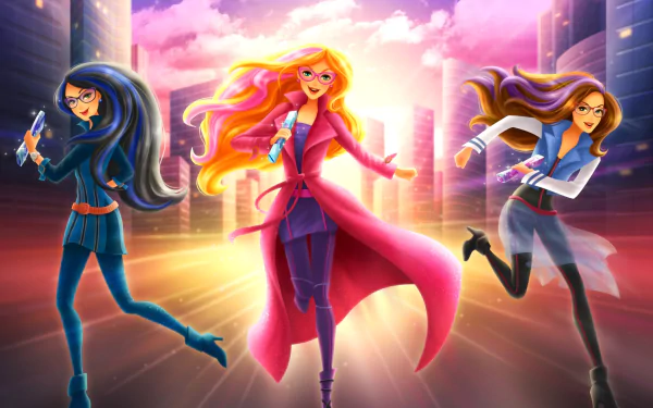 HD PC desktop wallpaper featuring three dynamic female spies from the movie Barbie: Spy Squad against a glowing cityscape at sunset.