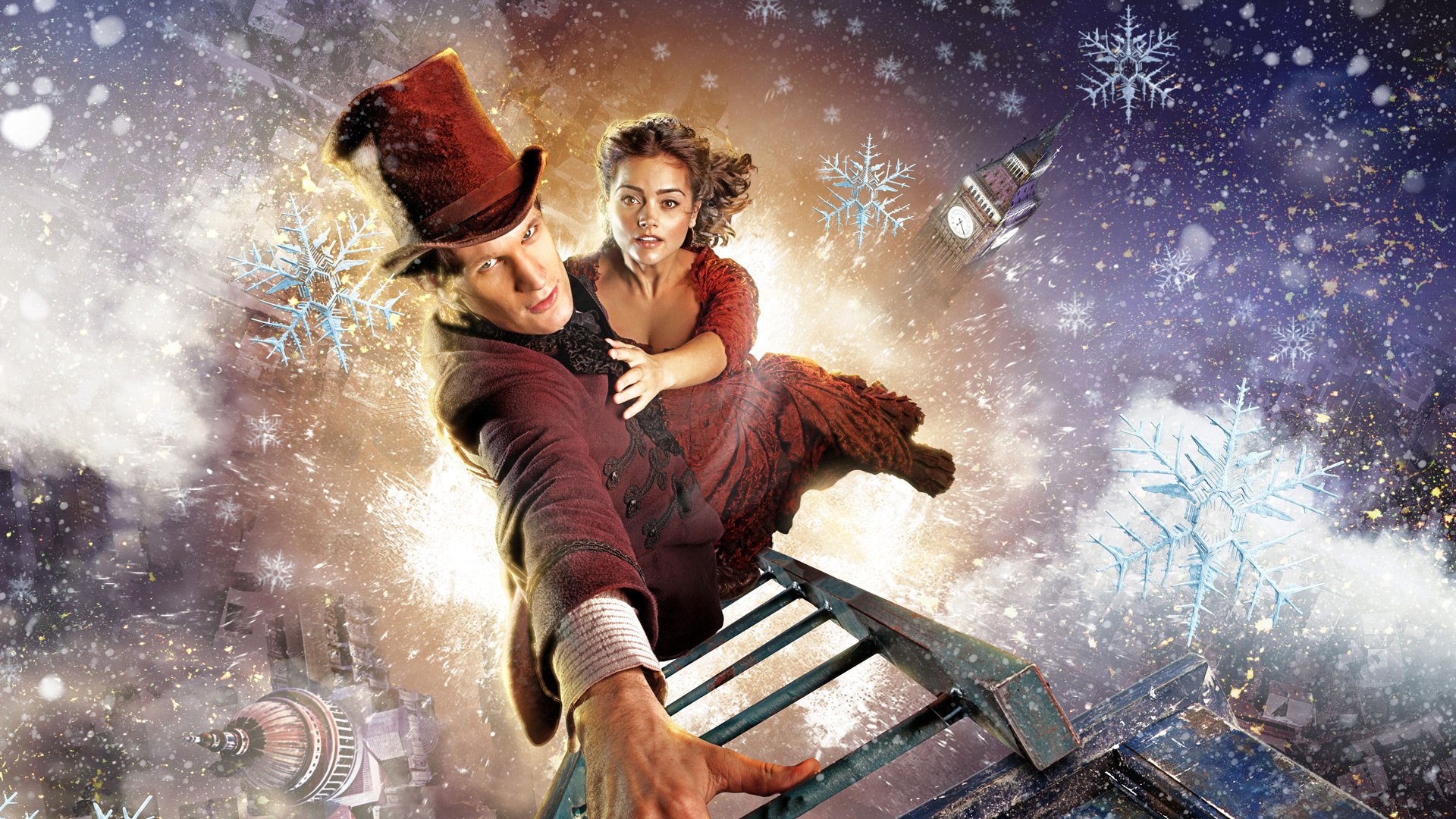 HD PC desktop wallpaper featuring Matt Smith as the Doctor and Jenna Coleman as Clara Oswald from the TV show Doctor Who (2005) in a dynamic snowy scene.