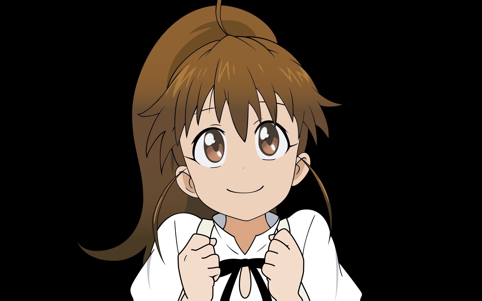 Anime character from Working!! with brown hair and wide eyes, smiling against a dark background in a vibrant HD PC desktop wallpaper.