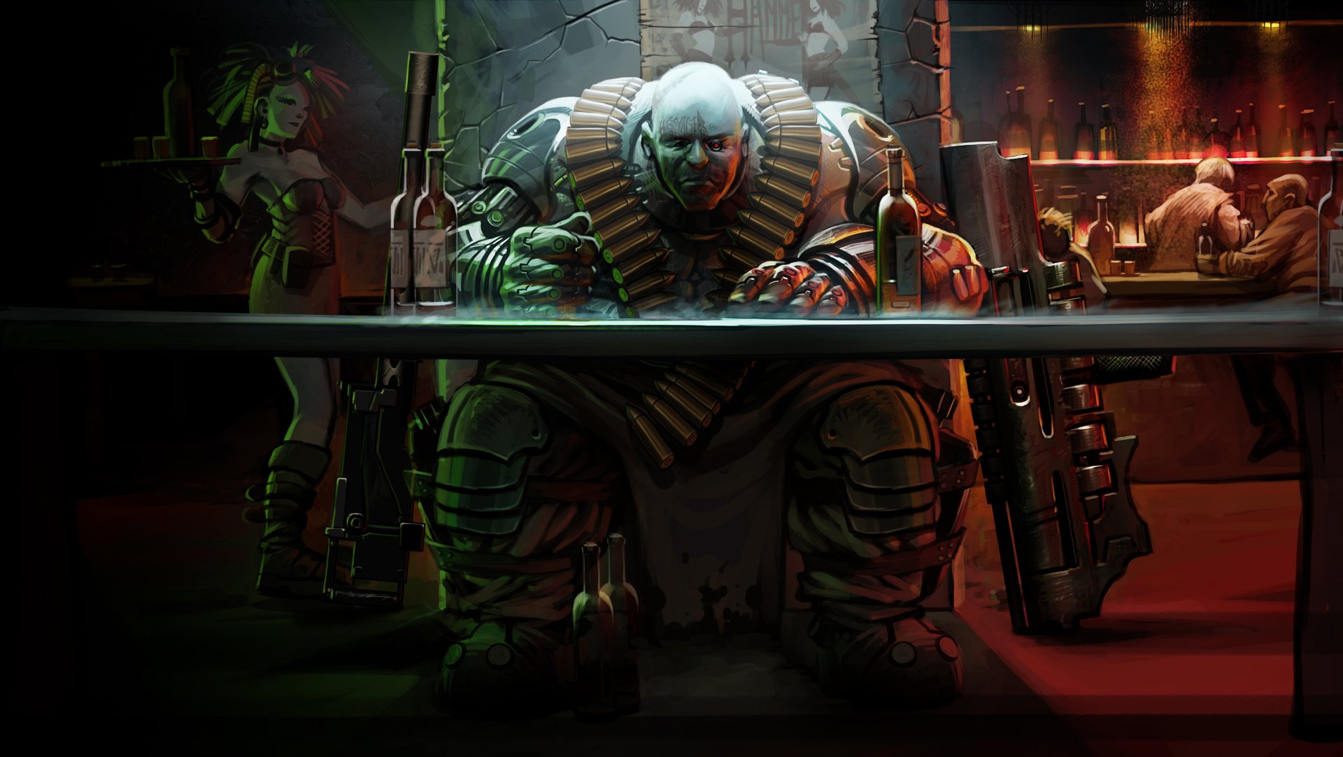 A powerful sci-fi soldier in heavy armor sits at a dimly lit bar, surrounded by large weapons, evoking a futuristic warrior amid a war-torn setting.