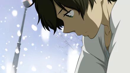 A serene HD wallpaper featuring Hōtarō Oreki from the anime Hyouka, set against a snowy backdrop, capturing a moment of introspection.