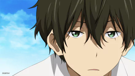 HD desktop wallpaper featuring Hōtarō Oreki from the anime Hyouka, displaying his contemplative expression against a serene blue sky.