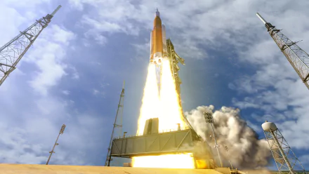 HD desktop wallpaper of a Sci-Fi rocket launching into the sky with fire and smoke, set against a background of blue sky and clouds.