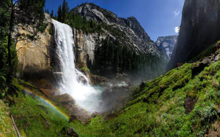 rainbow tree mountain waterfall nature Vernal Fall HD Desktop Wallpaper | Background Image