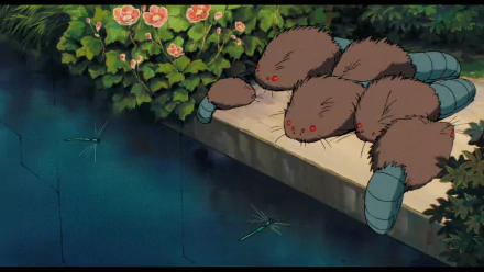 Anime HD PC desktop wallpaper and background — Laputa: Castle in the Sky scene of small brown, mole-like robots with red eyes and blue segmented tails resting at a pond's edge as dragonflies hover.