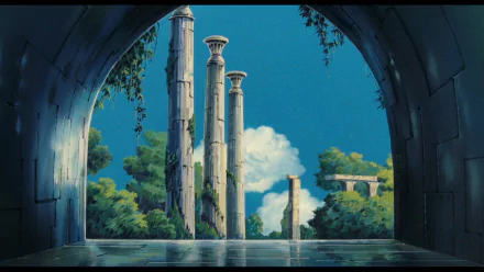 Laputa: Castle in the Sky HD PC wallpaper — view through a stone arch to ruined pillars, lush foliage and blue sky mirrored on a wet floor.