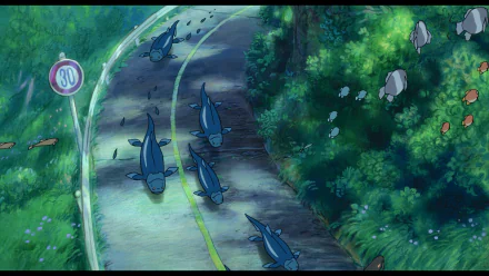 HD anime desktop wallpaper from Ponyo depicting fish swimming along a curving road bordered by lush greenery under soft lighting.