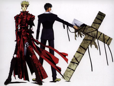 Anime-style HD desktop wallpaper featuring two characters from Trigun, one in a red coat holding twin guns and the other in a black suit with a large cross.