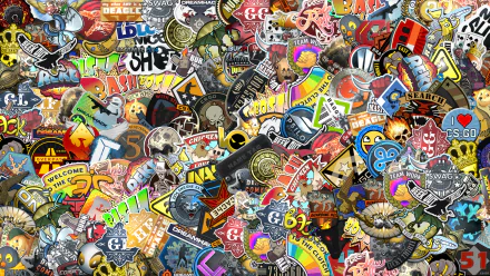 HD desktop wallpaper featuring a vibrant, dense collage of assorted stickers in a sticker bomb style.
