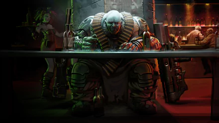 A powerful sci-fi soldier in heavy armor sits at a dimly lit bar, surrounded by large weapons, evoking a futuristic warrior amid a war-torn setting.