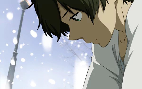 A serene HD wallpaper featuring Hōtarō Oreki from the anime Hyouka, set against a snowy backdrop, capturing a moment of introspection.