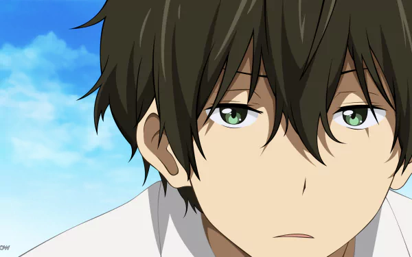 HD desktop wallpaper featuring Hōtarō Oreki from the anime Hyouka, displaying his contemplative expression against a serene blue sky.