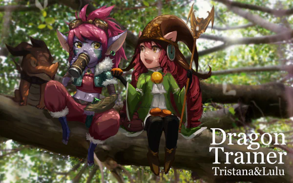 Lulu and Tristana from League of Legends enjoy drinks while perched on a tree branch, with a dragon companion in a vibrant 4K Ultra HD video game scene.