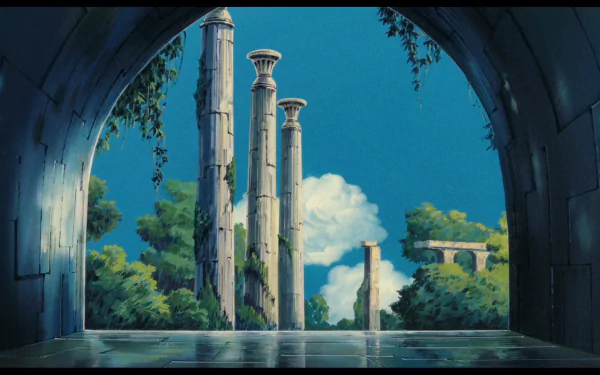 Laputa: Castle in the Sky HD PC wallpaper — view through a stone arch to ruined pillars, lush foliage and blue sky mirrored on a wet floor.
