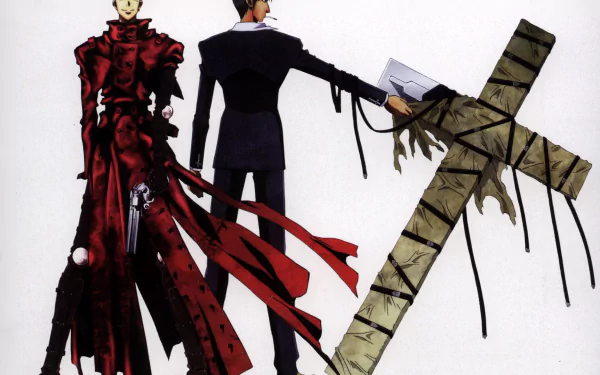 Anime-style HD desktop wallpaper featuring two characters from Trigun, one in a red coat holding twin guns and the other in a black suit with a large cross.