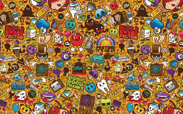 HD desktop wallpaper featuring a vibrant sticker bomb design with various colorful graphics and cartoon-like icons.