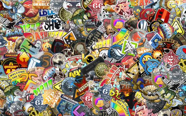 HD desktop wallpaper featuring a vibrant, dense collage of assorted stickers in a sticker bomb style.