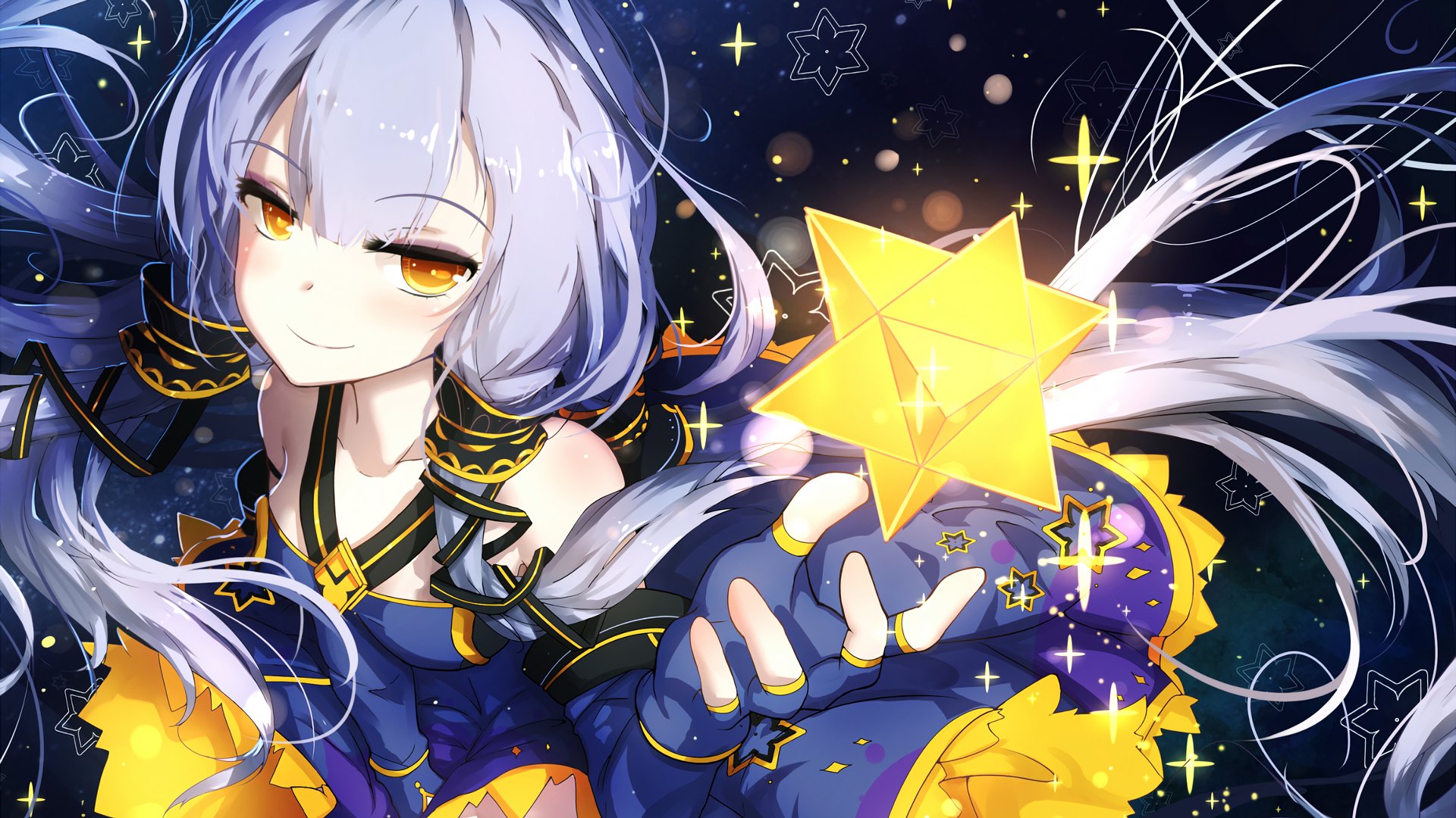 HD PC desktop wallpaper featuring Stardust from Vocaloid, depicted in a vibrant anime style with starry effects and a glowing yellow star in hand.