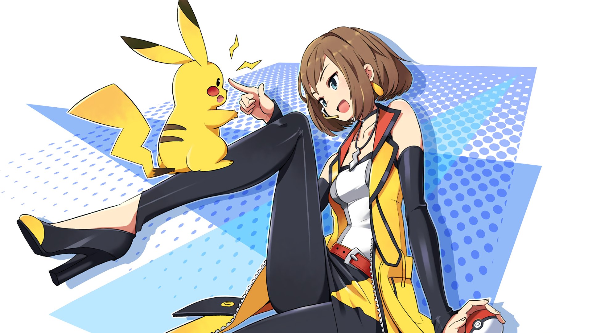 A dynamic HD PC wallpaper featuring a character from Pokken Tournament playfully interacting with Pikachu, set against a vibrant blue background.