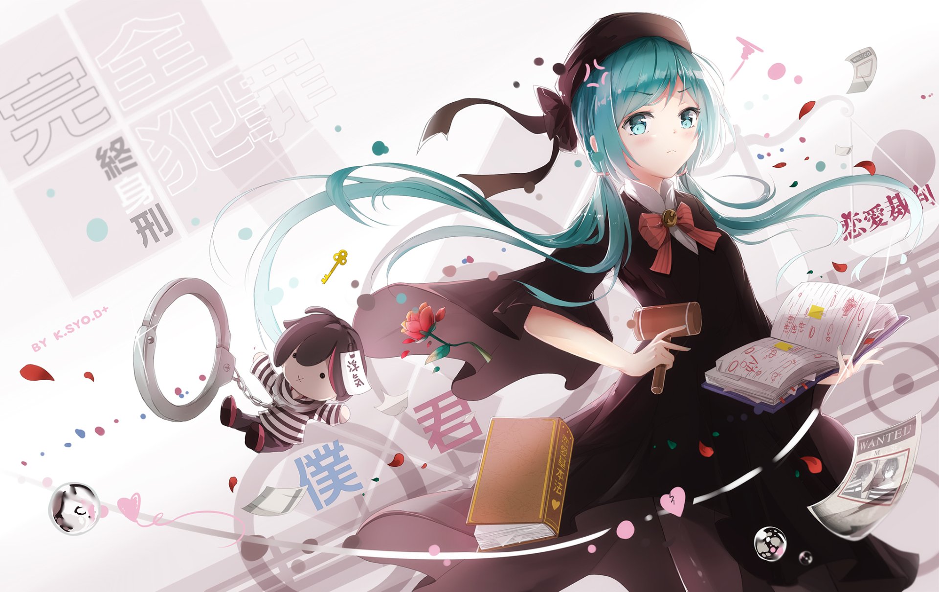 A vibrant HD wallpaper featuring Hatsune Miku, an iconic anime Vocaloid character, surrounded by whimsical elements and colorful details that enhance the lively scene.