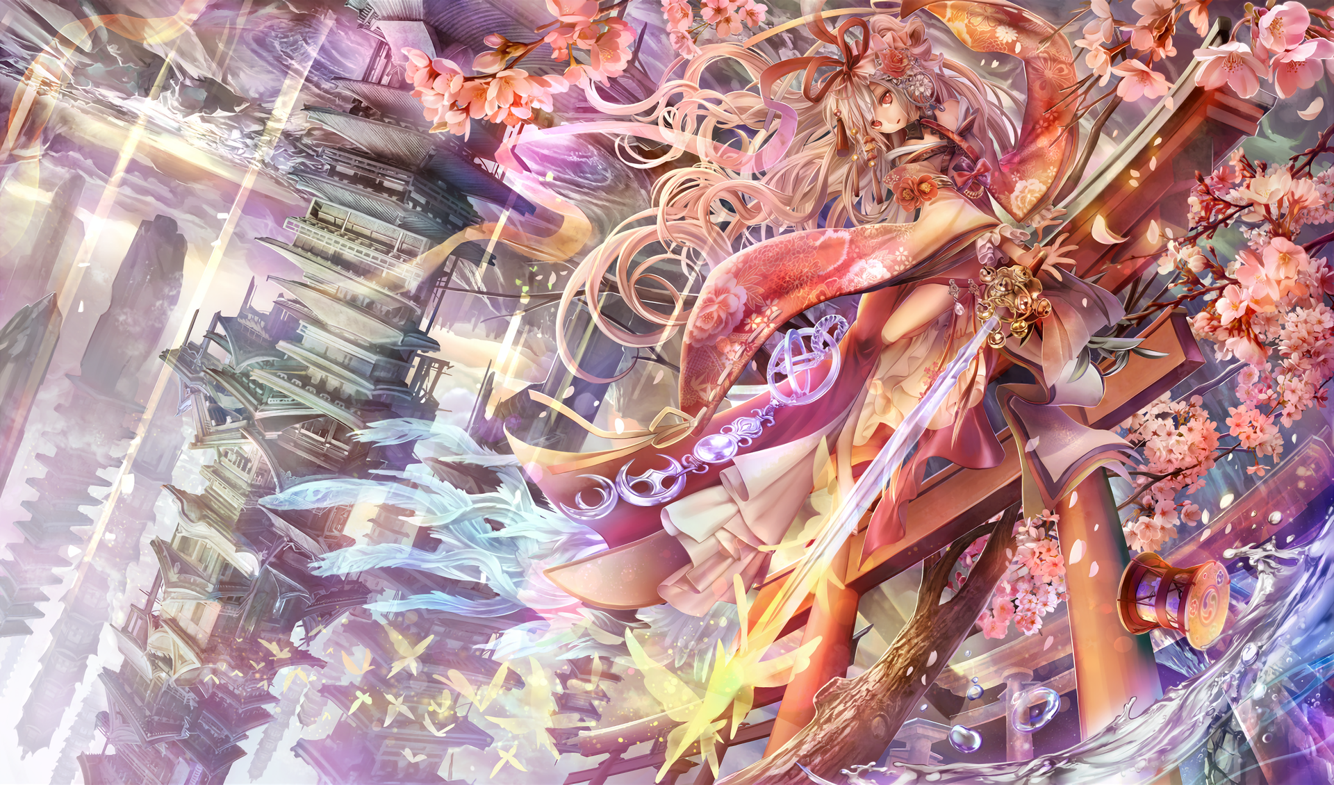 A vibrant anime-inspired HD wallpaper featuring a dynamic character surrounded by swirling colors and cherry blossoms, set against an ethereal background. An original artwork for desktop use.