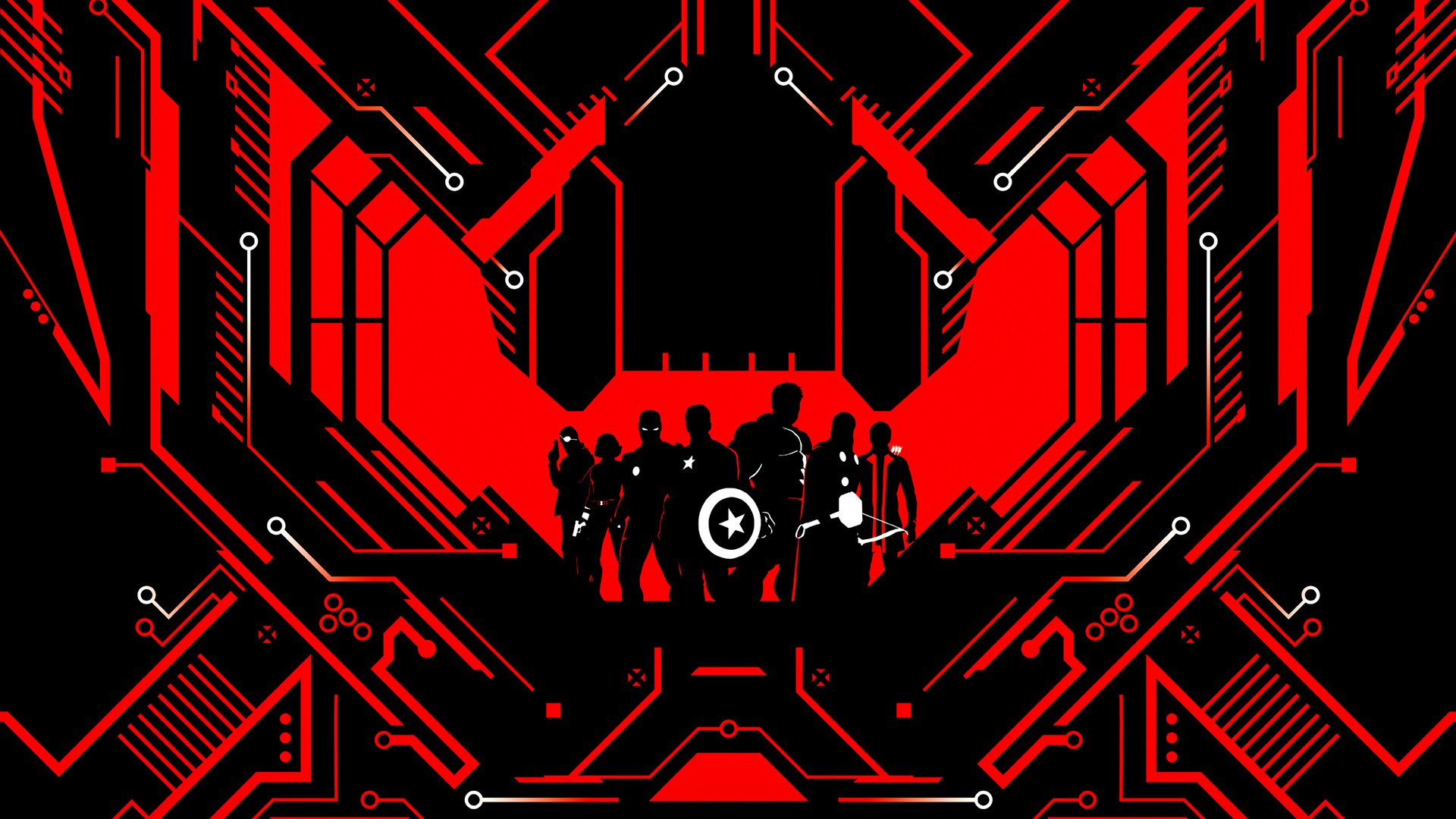 HD PC desktop wallpaper featuring silhouetted Avengers—Hawkeye, Thor, Captain America, Iron Man, Black Widow, and Nick Fury—against a red and black digital circuit background from Age of Ultron.