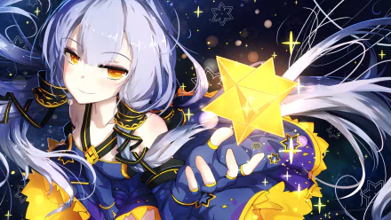 HD PC desktop wallpaper featuring Stardust from Vocaloid, depicted in a vibrant anime style with starry effects and a glowing yellow star in hand.