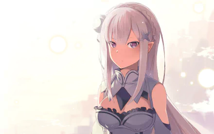 HD desktop wallpaper featuring Emilia from the anime Re:Zero - Starting Life in Another World. The image portrays Emilia with a serene expression, set against a soft, light-filled background.