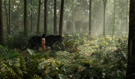 HD PC desktop wallpaper featuring Mowgli and Bagheera from The Jungle Book (2016) walking through a misty forest with elephants and a Black Panther presence in the background.