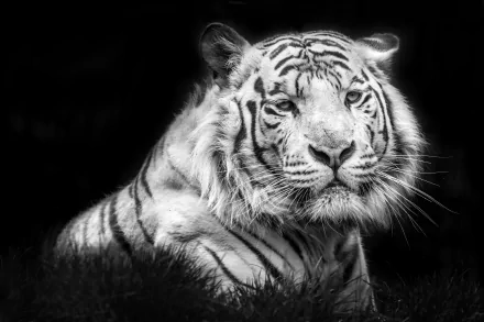 A stunning black and white HD wallpaper featuring a white tiger, showcasing its striking features and regal presence against a dark backdrop.