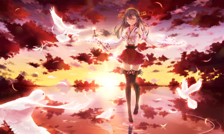 A stunning HD wallpaper featuring Haruna from Kantai Collection, walking gracefully through a sunset landscape, surrounded by white birds and vibrant clouds.