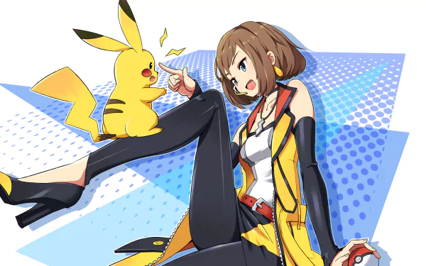 A dynamic HD PC wallpaper featuring a character from Pokken Tournament playfully interacting with Pikachu, set against a vibrant blue background.