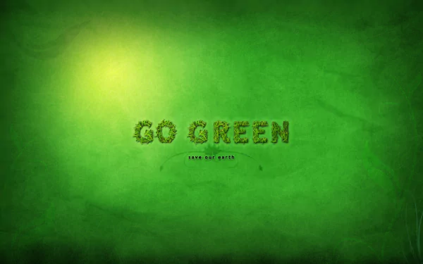HD desktop wallpaper featuring a vibrant green background with GO GREEN text made of leaves, celebrating Earth Day and environmental awareness.