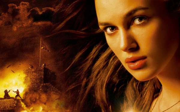 HD desktop wallpaper featuring Keira Knightley as Elizabeth Swann from the movie Pirates of the Caribbean: The Curse of the Black Pearl with fiery background scenes.