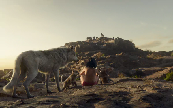 A scene from the 2016 movie The Jungle Book, featuring Mowgli sitting on rocks surrounded by wolves in a scenic landscape at sunset.