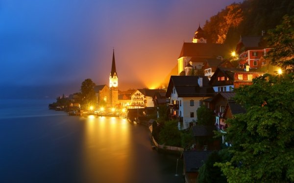 Man Made Hallstatt Towns Austria City Town Night Lake HD Wallpaper | Background Image