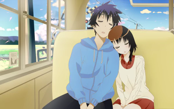 Raku Ichijō and Kosaki Onodera, characters from the anime Nisekoi, share a quiet moment together in this serene HD wallpaper, set in a train with picturesque scenery outside.