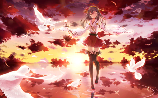 A stunning HD wallpaper featuring Haruna from Kantai Collection, walking gracefully through a sunset landscape, surrounded by white birds and vibrant clouds.