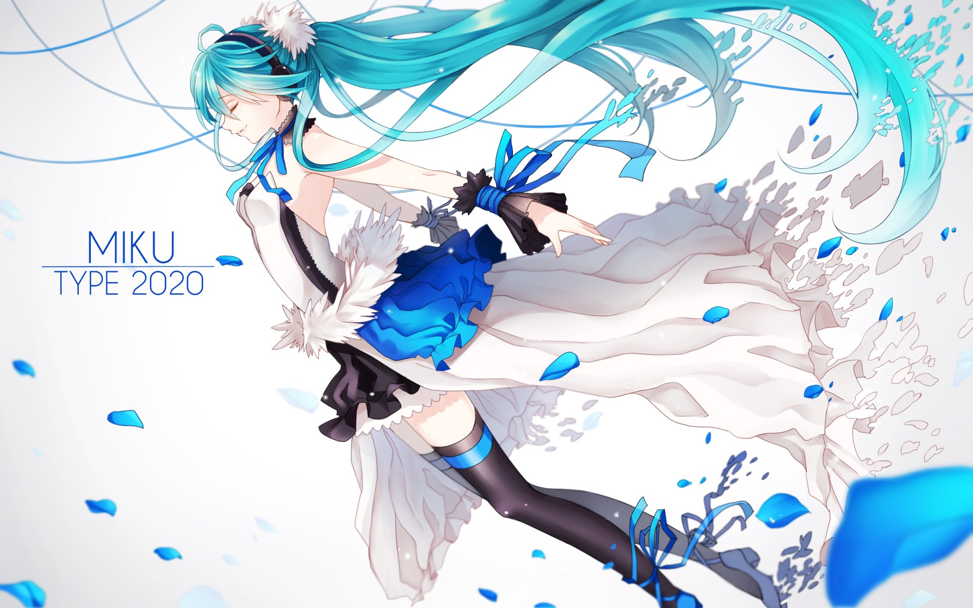 HD anime wallpaper featuring Hatsune Miku in a flowing blue and white dress with long turquoise twin-tails, tagged Vocaloid and Miku Type 2020.